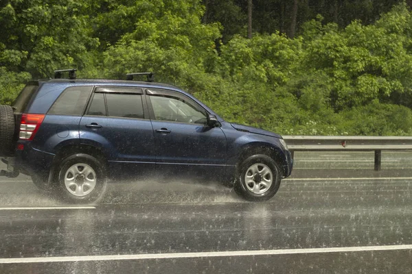 Car Driving Wet Road Slippery Road Rain Splashes Wheels Transport — Stock Photo, Image