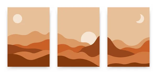 Abstract landscape posters set. Contemporary background, modern boho sun moon mountains minimalist wall decor. Vector art print — Stock Vector