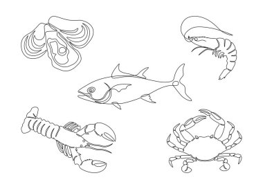 Seafood set in one line art style. Lobster, fish, crab, shrimp, oysters single line drawing. Restaurant menu icons, vector illustration