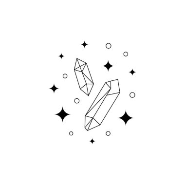 El çizimi boho sihirli logo. Bohem minimal mistik çizgi kristalleri yıldızların ezoterik dövme işareti, vektör illüstrasyon tasarımı