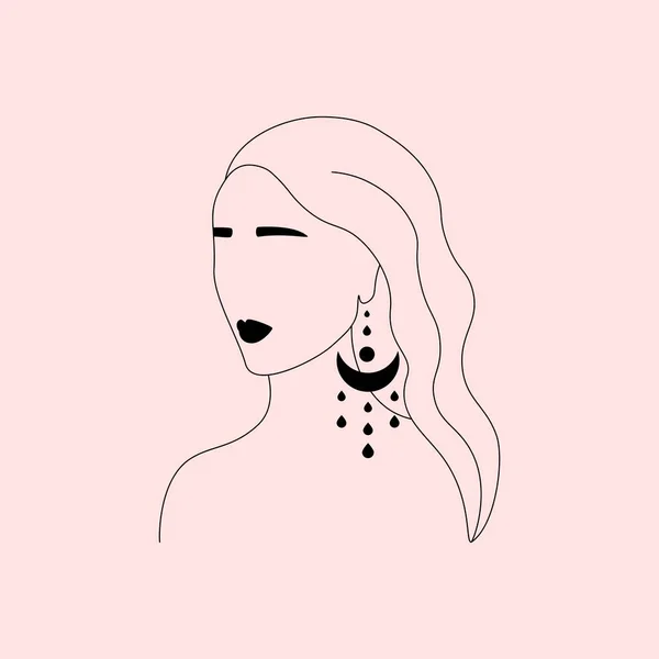 Abstract female face logo. Hand drawn boho feminine art with earring moon shapes. Linear minimal tattoo, vector illustration — Stock Vector