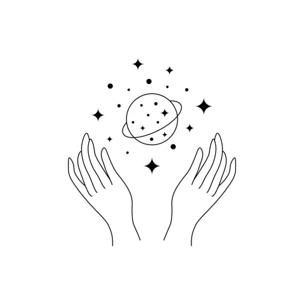 Logo magique dessiné à la main Boho. Minimal ésotérique ligne mystique mains planète étoiles conception de tatouage géométrie sacrée. Illustrations vectorielles — Image vectorielle