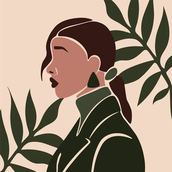 Retrato abstracto de mujer. Cara femenina, impresión contemporánea, fondo moderno, póster, avatar de redes sociales. Ilustración plana del vector — Vector de stock