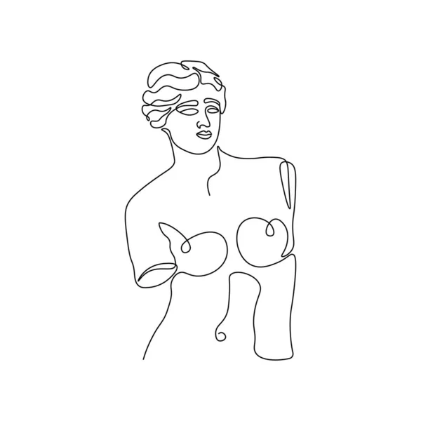 One line Greece mythology sculpture. Ancient greek statue hand drawn continuous line, Venus de Milo goddess torso. Vector art — Stock Vector