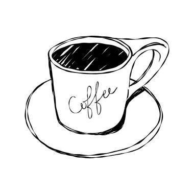 Kahve fincanı karalama ikonu. Elle çizilmiş cappuccino bardağı ile kelime kahvesi, kafenin menü tasarımı için basit baskı. Vektör izole poster.