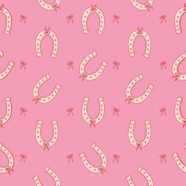 At nalı ve pruva deseni. At nalı, kalp ve fiyonklu Vahşi Batı sanat baskısı tekstil için kaprisli tasarım ambalaj kağıdı, duvar kağıdı. Vektör arkaplanı.