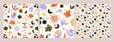 Soyut bitkiler kusursuz desenler. Minimalist çiçek yaprağı dokusu. Yaz botanik geçmişi. Renkli yapraklar, güneş, ay. Çiçekli düz vektör duvar kağıdı, tekstil, ambalaj kağıdı tasarımı.