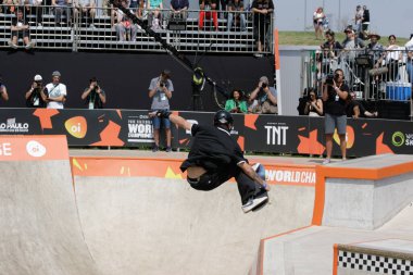 SAO PAULO, SP, 09 / 14 / 2019 - SKATE - Brezilyalı kaykaycı Pedro Quintas, Pazar günü So Paulo 'nun batısındaki Vila Hamburgueza' daki Candido Portinari Eyalet Parkı 'nda düzenlenen Park World Skate finaline hak kazandı. 
