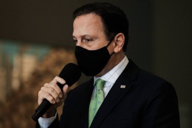 Covid-19.April 13. 2020, Sao Paulo, Brezilya: Bu Pazartesi Palacio dos Bandeirantes 'te düzenlenen basın toplantısında Coronavirus ile mücadele tedbirleri, (COVID-19)