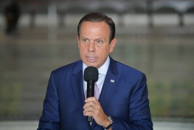 Covid-19.April 13. 2020, Sao Paulo, Brezilya: Bu Pazartesi Palacio dos Bandeirantes 'te düzenlenen basın toplantısında Coronavirus ile mücadele tedbirleri, (COVID-19)