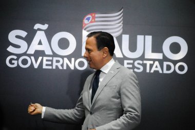 Covid-19.April 13. 2020, Sao Paulo, Brezilya: Bu Pazartesi Palacio dos Bandeirantes 'te düzenlenen basın toplantısında Coronavirus ile mücadele tedbirleri, (COVID-19)