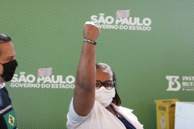 Flu vaccination campaign. March 23,2020,Osasco,Sao Paulo,Brazil: The first day of vaccination campaign against influenza and H1N1 flu held at health center UBS Helena Marry 