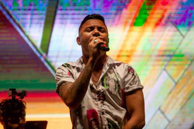 Sao Paulo 'daki Allianz Parque' da açık hava müzikali. 1 Ağustos 2020, Sao Paulo, Brezilya: Brezilyalı şarkıcılar yeni arabalı sinema formatında müzik şovlarını sunar