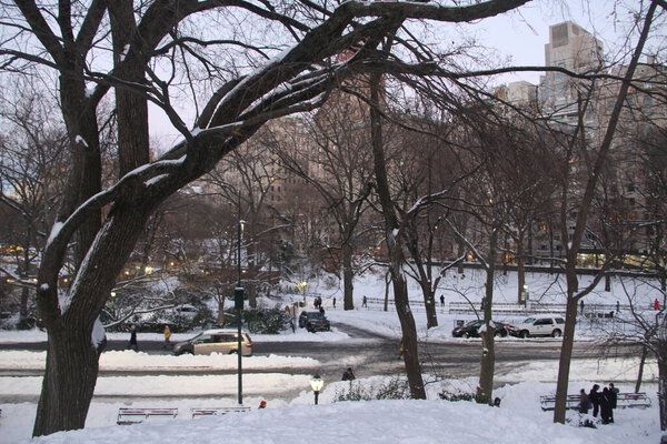 December 17, 2020, New York, USA: The aftermath of the heavy snow falling in New York brought lots of side effects and fun to many. It caused lots of difficulties for many people to move around and got the central park lakes frozen but brought lots