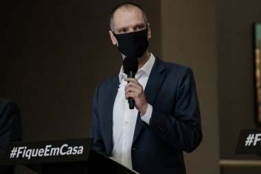 Covid-19.April 13. 2020, Sao Paulo, Brezilya: Bu Pazartesi Palacio dos Bandeirantes 'te düzenlenen basın toplantısında Coronavirus ile mücadele tedbirleri, (COVID-19)