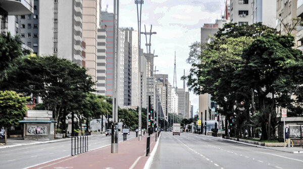 (INT) Covid-19:Few movement of people.April 12,2020,Sao Paulo,Brazil: Few people are seen on Paulista avenue,Sao Paulo,which is always busy on weekends .