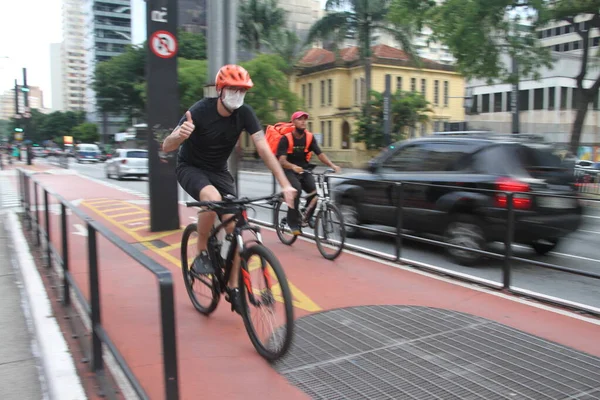 Sao Paulo 2021 Movimentacao Ciclovia Uma Grande Movimentacao Ciclistas Ciclovia — Foto Stock