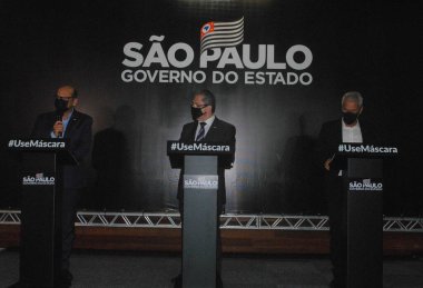 Covid-19.April 13. 2020, Sao Paulo, Brezilya: Bu Pazartesi Palacio dos Bandeirantes 'te düzenlenen basın toplantısında Coronavirus ile mücadele tedbirleri, (COVID-19)