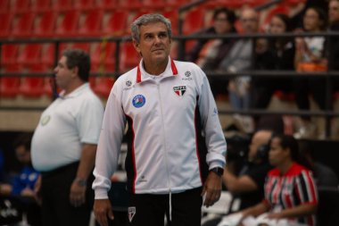 Sao Paulo -  March 03, 2020: Athletes playing for Sao Paulo Barueri against the Pinheiros team in a match valid for the Women's 2020 Volleyball Superliga