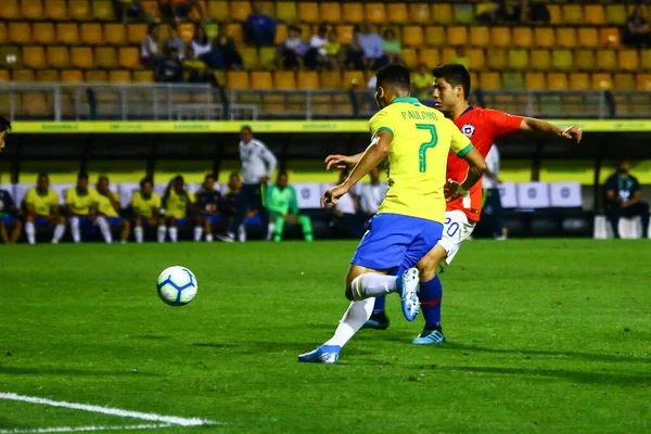 SAO PAULO - SEPT 09, 2019: Brazil VS Chile - friendly match between the Brazil-Chile under-23 teams, held at the Pacaembu stadium, west of Sao Paulo