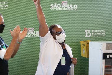 First COVID-19 Vaccination in Sao Paulo Brazil. January 17, 2021, Sao Paulo, Brazil: The Governor of Sao Paulo, Joao Doria speaks during a press conference at Hospital das Clinicas - HCFMUSP