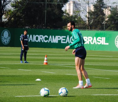 Sao Paulo - 12 Şubat 2020: Sentetik çimenlikte antrenman sırasında PALMEIRAS oyuncularının eğitilmesi.