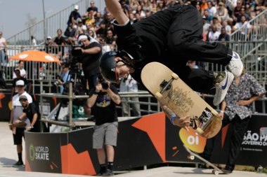 SAO PAULO, SP, 09 / 14 / 2019 - SKATE - Brezilyalı kaykaycı Pedro Quintas, Pazar günü So Paulo 'nun batısındaki Vila Hamburgueza' daki Candido Portinari Eyalet Parkı 'nda düzenlenen Park World Skate finaline hak kazandı. 
