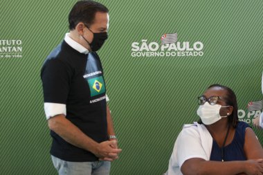 First COVID-19 Vaccination in Sao Paulo Brazil. January 17, 2021, Sao Paulo, Brazil: The Governor of Sao Paulo, Joao Doria speaks during a press conference at Hospital das Clinicas - HCFMUSP