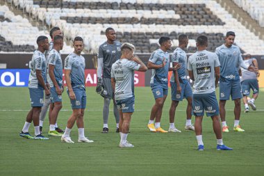 Santos oyuncuları son antrenman ve Libertadores of America finali için sahada tanınıyor. 29 Ocak 2021, Rio de Janeiro, Brezilya: