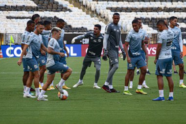 Santos oyuncuları son antrenman ve Libertadores of America finali için sahada tanınıyor. 29 Ocak 2021, Rio de Janeiro, Brezilya: