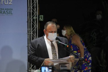  Sao Paulo Brezilya 'da Coronvac Aşısı Konferansı. 17 Ocak 2021, Sao Paulo, Brezilya: Sao Paulo Eyalet Valisi, Joao Doria Jr Brezilya 'da aşılanan ilk kişinin yanında, Monica Calazans, Lia Porto Eyalet Başsavcısı