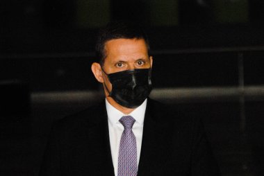 Sao Paulo Valisi ile basın toplantısı. 24 Şubat 2021, Sao Paulo, Brezilya: Sao Paulo Valisi, Joao Doria ve diğer hükümet personeli, Coronavirus ile mücadele hakkında bilgi sunar (COVID-19) 