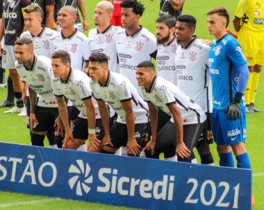 Paulista Şampiyonası 2021: Korintliler Ponte Preta 'ya karşı. 7 Mart 2021, Sao Paulo, Brezilya: Neo Quimica Arena 'da yapılan Paulista Şampiyonası sırasında Korintliler ve Palmeiras arasında oynanan futbol karşılaşması, yarışmanın üçüncü turu.. 