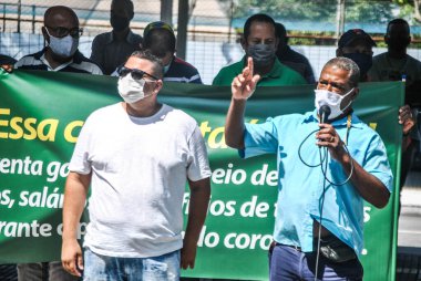 (Sao Paulo 'daki otobüs şoförleri ve kondüktörlerinin genel grevi. 24 Mart 2021, Sao Paulo, Brezilya: Jose Valdevan de Jesus Santos, otobüs şoförleri başkanı SINDMOTORISTAS