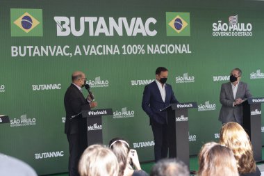 (INT) Basın Konferansı: Butanvac Sao Paulo 'da geliştirilen yeni bir COVID-19 aşısı. 26 Mart 2021, Sao Paulo, Brezilya: Butantan Enstitüsü covid-19 'a karşı kendi aşısını geliştiriyor, ButanVac aşısı% 100 ulusal. 
