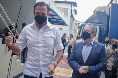 Sao Paulo 'da yeni aşıların serbest bırakılmasıyla ilgili basın toplantısı. 5 Nisan 2021, Sao Paulo, Brezilya: Sao Paulo Valisi Joao Doria, Butanta 'dan yeni aşıların serbest bırakıldığını duyuran bir basın toplantısına katıldı.