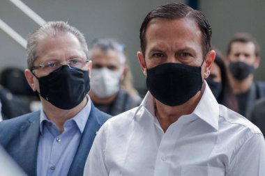 Sao Paulo 'da yeni aşıların serbest bırakılmasıyla ilgili basın toplantısı. 5 Nisan 2021, Sao Paulo, Brezilya: Sao Paulo Valisi Joao Doria, Butanta 'dan yeni aşıların serbest bırakıldığını duyuran bir basın toplantısına katıldı.