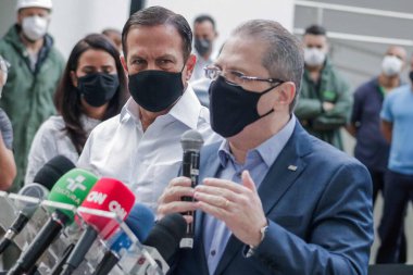 Sao Paulo 'da yeni aşıların serbest bırakılmasıyla ilgili basın toplantısı. 5 Nisan 2021, Sao Paulo, Brezilya: Sao Paulo Valisi Joao Doria, Butanta 'dan yeni aşıların serbest bırakıldığını duyuran bir basın toplantısına katıldı.