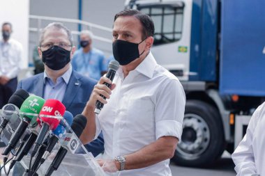 Sao Paulo 'da yeni aşıların serbest bırakılmasıyla ilgili basın toplantısı. 5 Nisan 2021, Sao Paulo, Brezilya: Sao Paulo Valisi Joao Doria, Butanta 'dan yeni aşıların serbest bırakıldığını duyuran bir basın toplantısına katıldı.