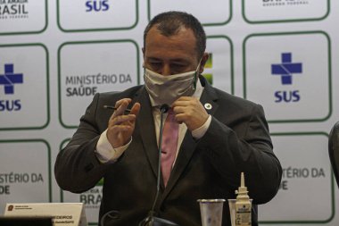 Hamileliği desteklemek için stratejik eylemler üzerine basın toplantısı. 16 Nisan 2021, Brasilia, Federal Bölge, Brezilya: Birinci Sağlık Bakanı, Raphael Camara ve Rodrigo Otavio Moreira Cruz, Genel Sekreter