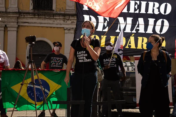 Manifestação Dia Internacional Trabalho Maio 2021 Porto Alegre Brasil Centrais — Fotografia de Stock