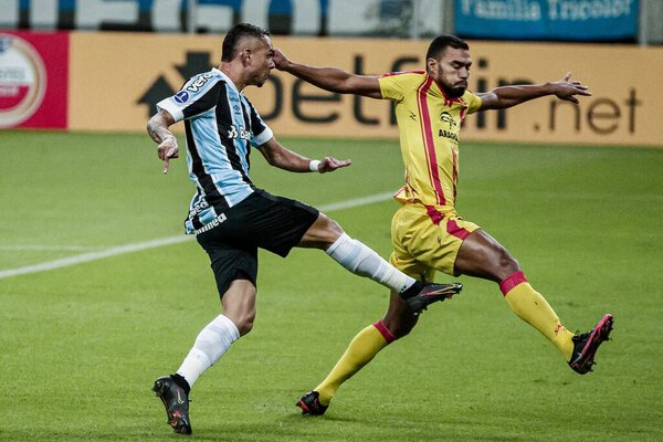 Football match between Gremio and Aragua for the Conmebol Copa Sudamericana. May 6, 2021, Porto Alegre, Brazil. Ferreira of Brazil's Gremio celebrates after scoring during match against Aragua, from Venezuela, for the 3rd round of the group