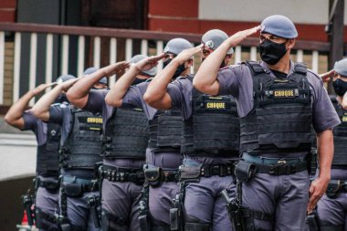 Sao Paulo Askeri Polisi 'nin 2. Taburu' nun 87. yıldönümü. 7 Mayıs 2021, Sao Paulo, Brezilya. Şok Polis Teşkilatı 2. Tabur 'un 87. yıldönümünün ciddiyeti.