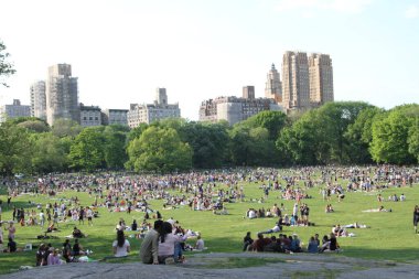 Covid-19 'un ortasında kalabalık bir Central Park. 15 Mayıs 2021, New York, ABD: Bu güneşli cumartesi Central Park 'ta COVID-19' un ortasında ağır bir hareket yaşandı. İnsanlar Central Park çimlerinde eğleniyor, piknik yapıyor, spor yapıyor ve müzik yapıyorlar. Çoğu 