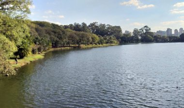 Ibirapuera Parkı 'nda hareket var. 17 Mayıs 2021, Sao Paulo, Brezilya: 17 Mayıs Pazartesi günü, Sao Paulo 'daki Ibirapuera Parkı' nda, Coronavirus (Covid-19) salgınının ortasında insanların hareketi. 