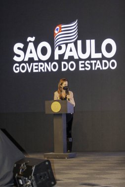 Vali Joao Doria ile Fapesp 'in bilim, teknoloji ve yenilik yatırımları üzerine etkinlik. 27 Mayıs 2021, Sao Paulo, Brezilya: Sao Paulo Valisi Joao Doria, yatırımı duyurmak için düzenlenen bir etkinlikte 