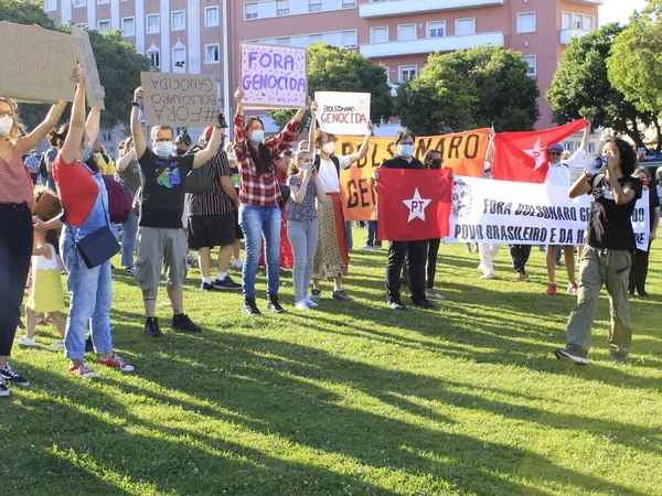 Demonstracja Przeciwko Prezydentowi Brazylii Jair Bolsonaro Lizbonie Portugalia Maja 2021 — Zdjęcie stockowe