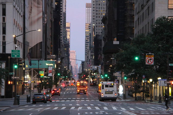 Quiet New York City at Dawn. June 2, 2021, New York, USA: The beautiful quiet view of New York City streets is captured at dawn while everyone is still getting ready to hit the streets