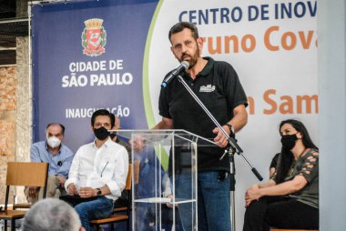 Sao Paulo Belediye Başkanı Ricardo Nunes Bruno Covas Yeşil Yenilik Merkezi 'ni açıyor. 5 Haziran, Sao Paulo, Brezilya: Sao Paulo Belediye Başkanı Ricardo Nunes, Bruno Covas Yeşil Sampa Yenilik Merkezi 'nin açılış töreninde