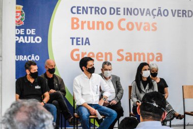 Sao Paulo Belediye Başkanı Ricardo Nunes Bruno Covas Yeşil Yenilik Merkezi 'ni açıyor. 5 Haziran, Sao Paulo, Brezilya: Sao Paulo Belediye Başkanı Ricardo Nunes, Bruno Covas Yeşil Sampa Yenilik Merkezi 'nin açılış töreninde